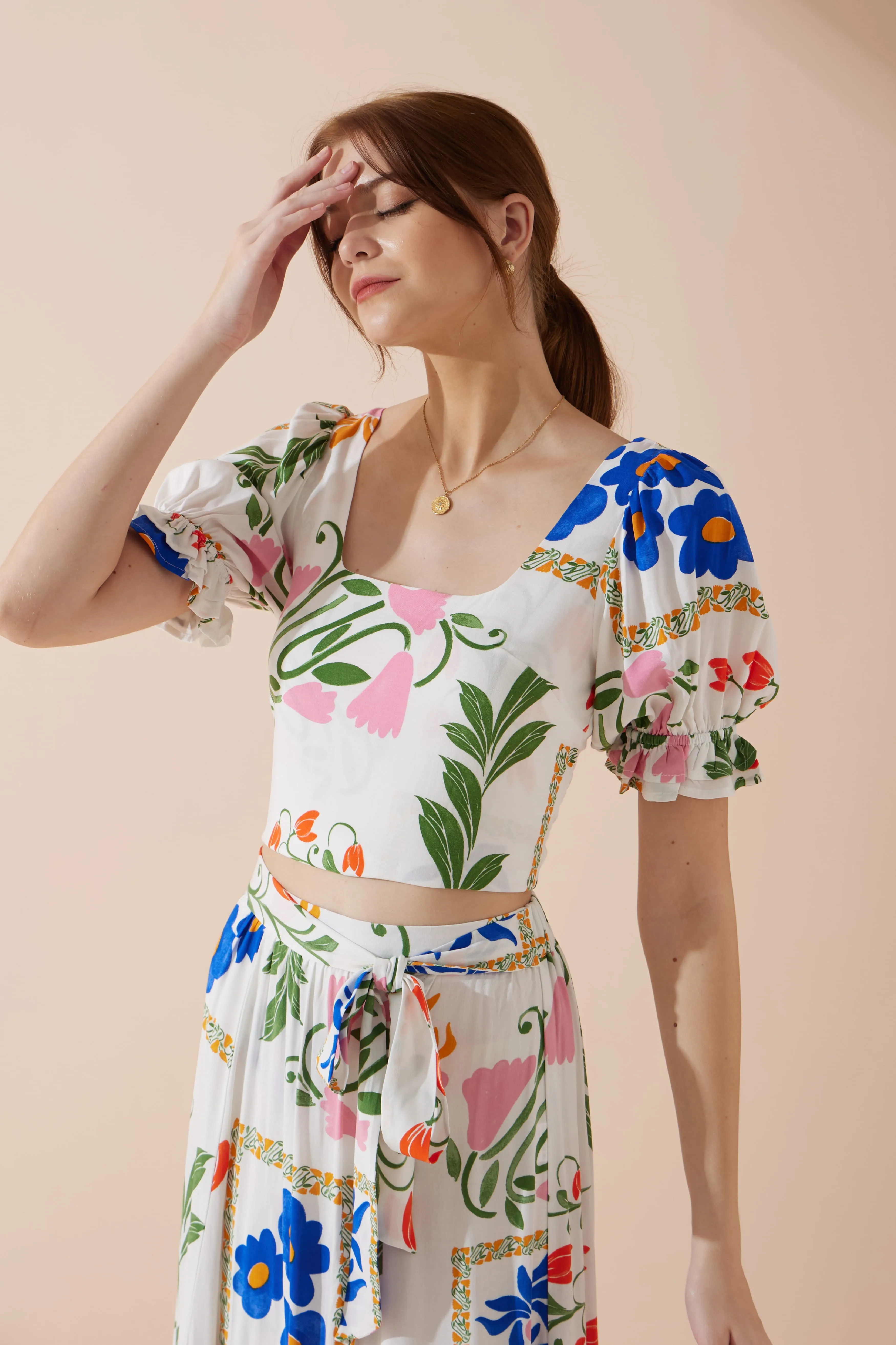 Calantha Multicolour Floral Puff Sleeve Crop Top