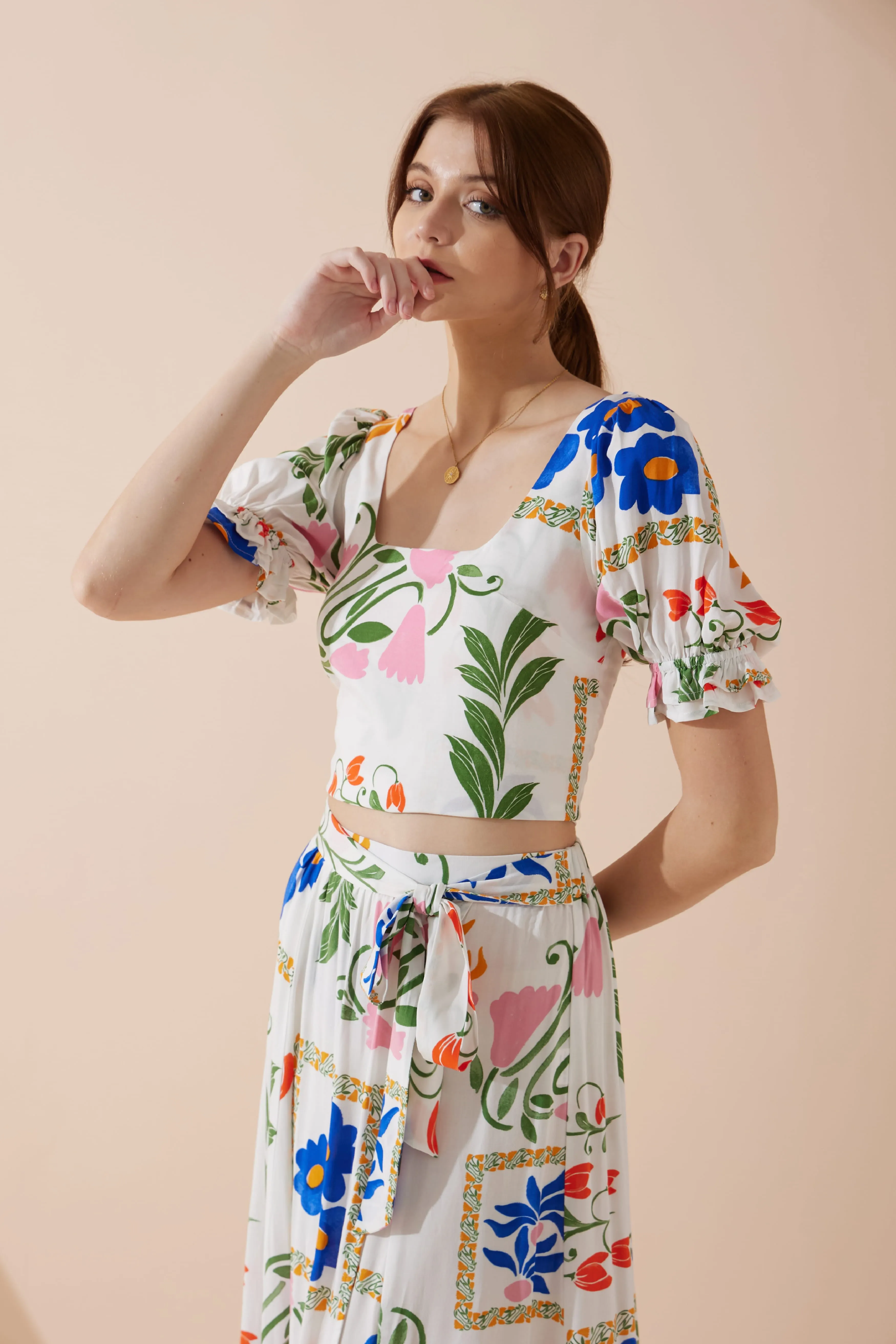 Calantha Multicolour Floral Puff Sleeve Crop Top