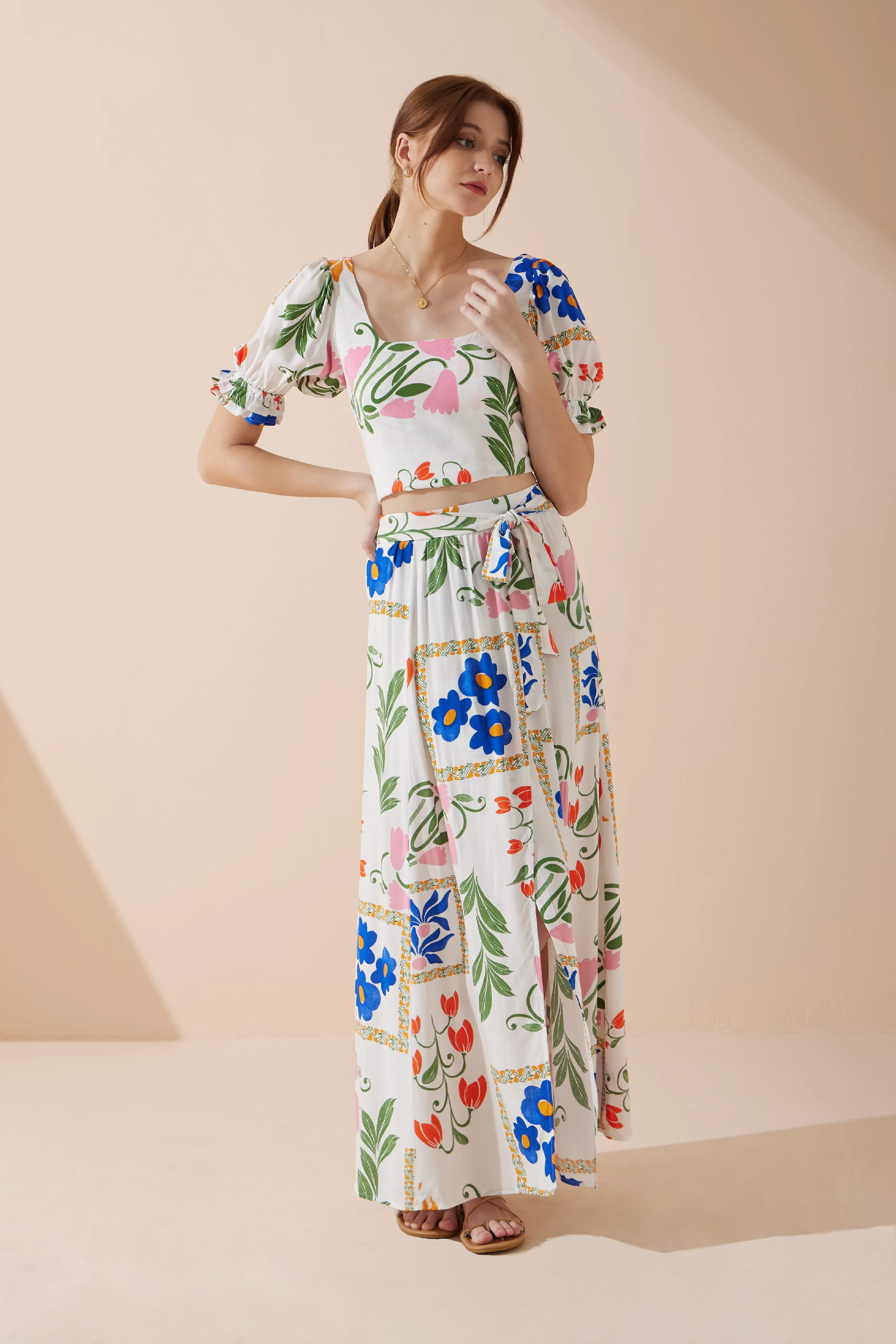 Calantha Multicolour Floral Puff Sleeve Crop Top