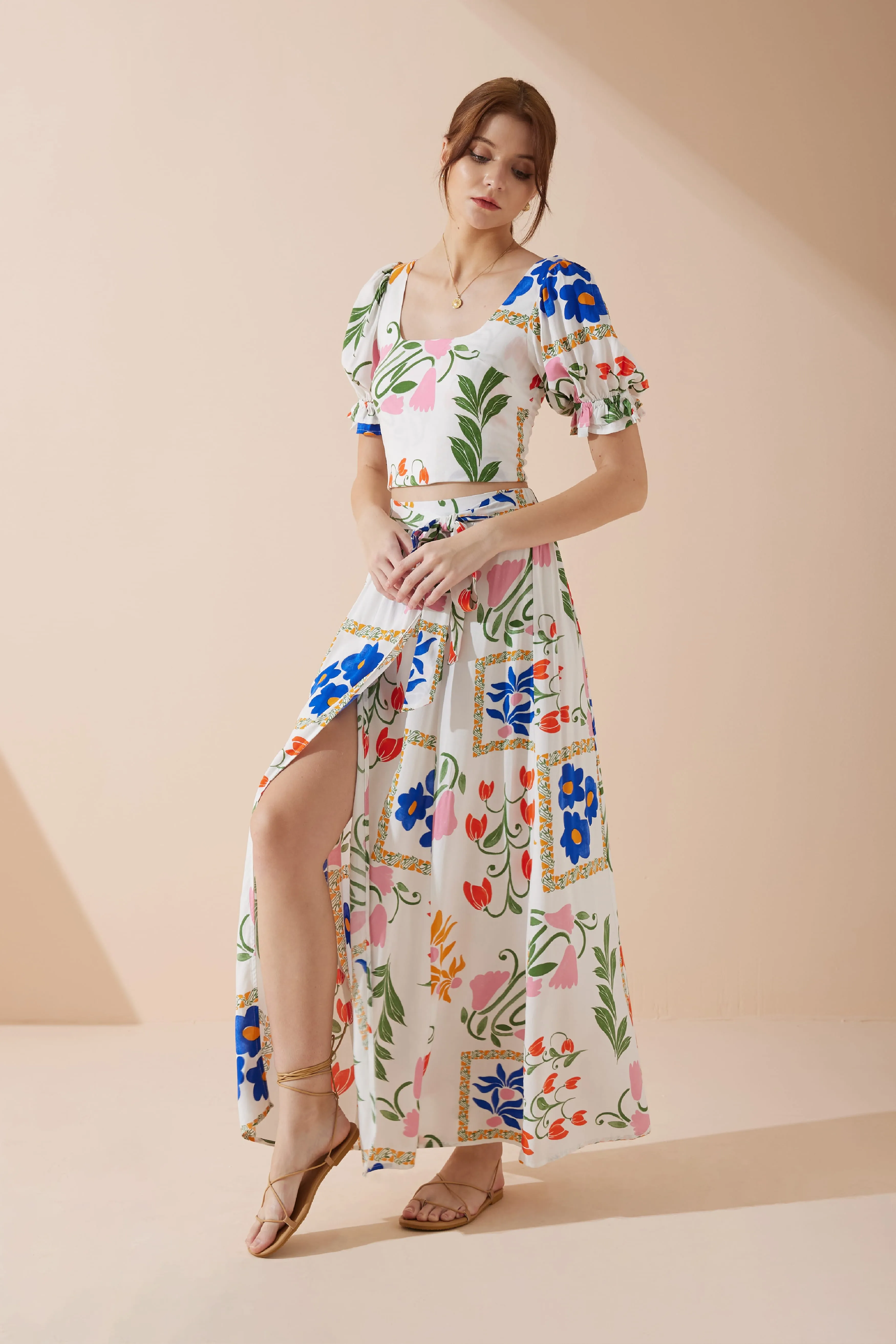 Calantha Multicolour Floral Puff Sleeve Crop Top