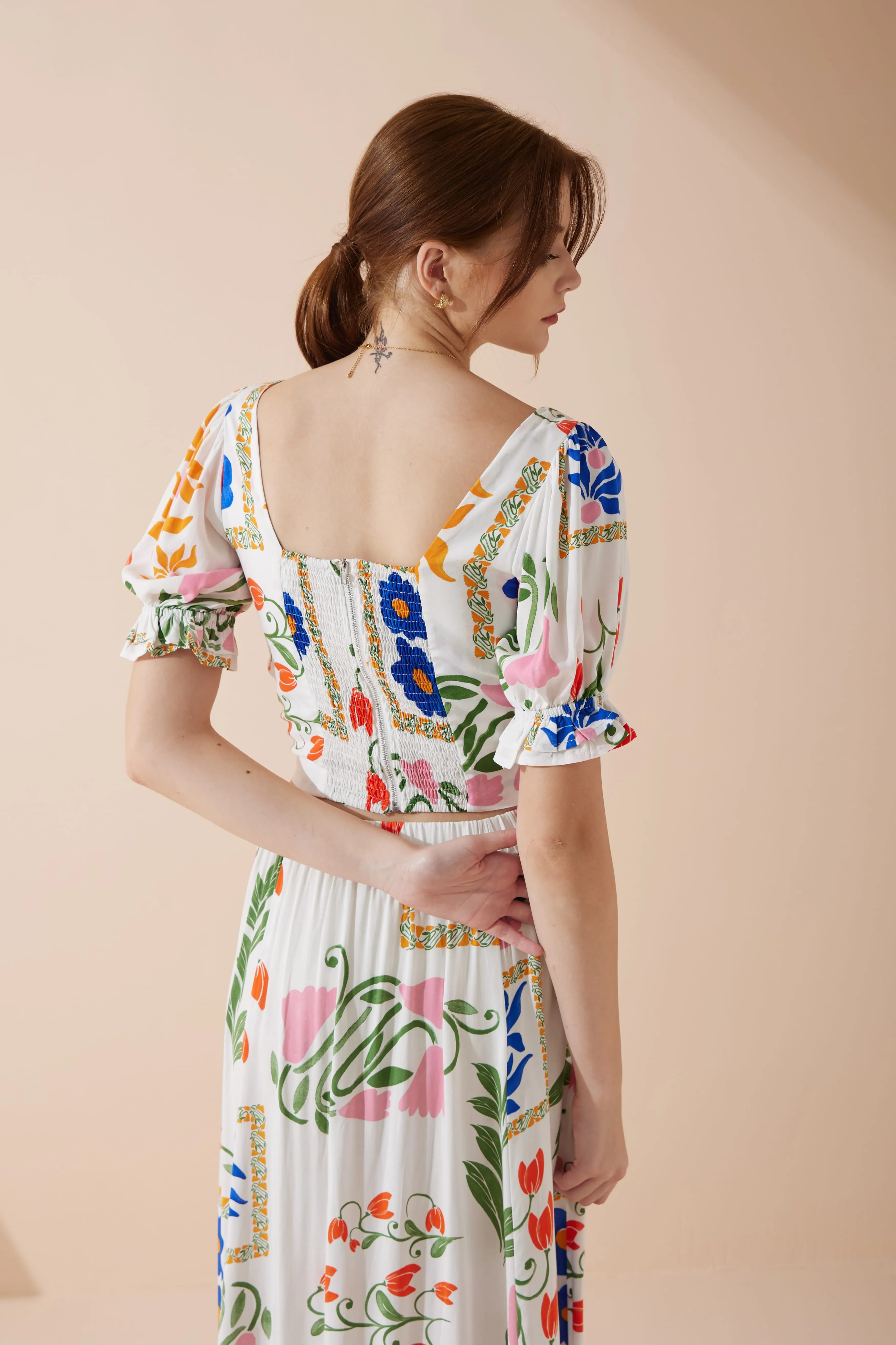 Calantha Multicolour Floral Puff Sleeve Crop Top