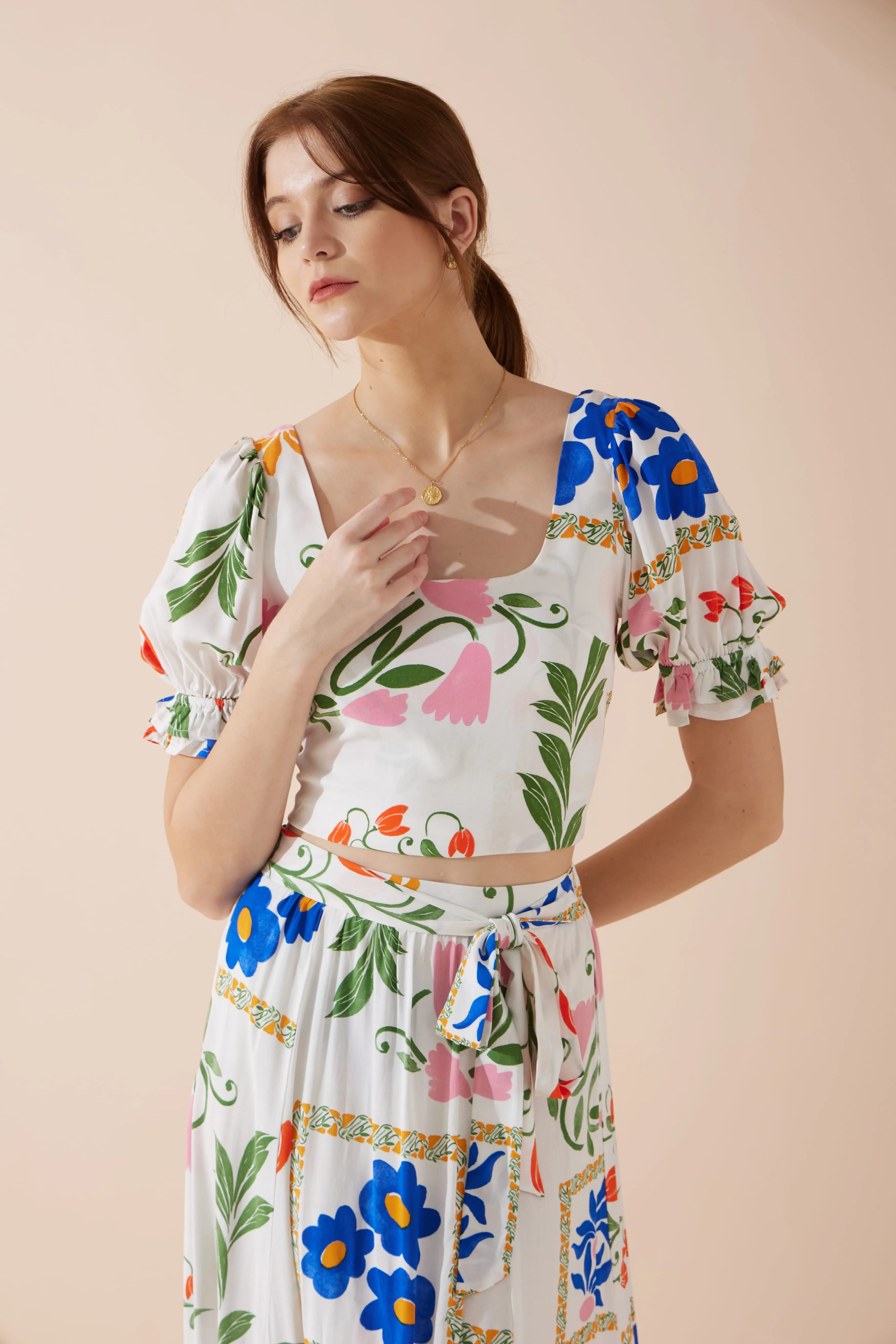 Calantha Multicolour Floral Puff Sleeve Crop Top