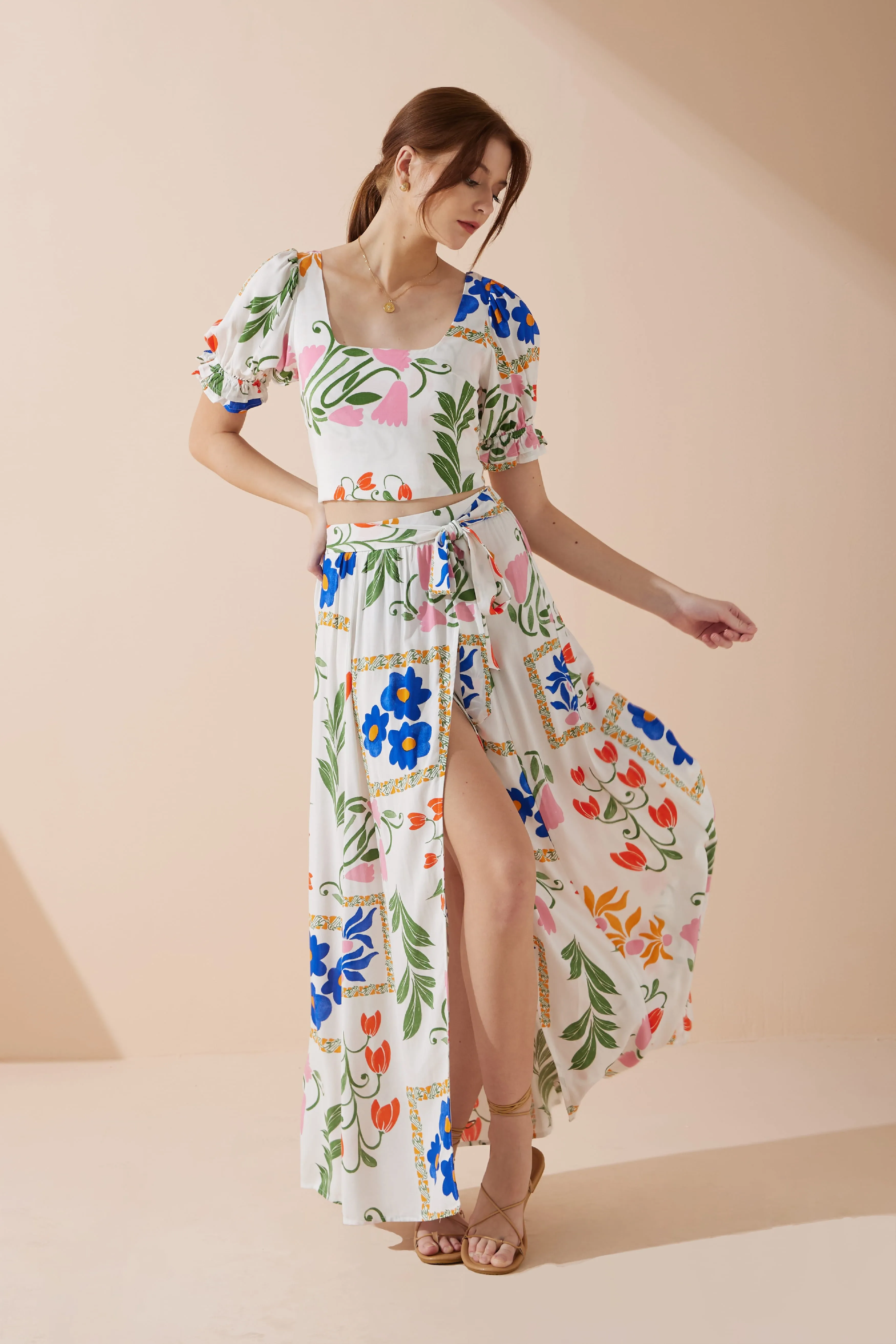 Calantha Multicolour Floral Puff Sleeve Crop Top