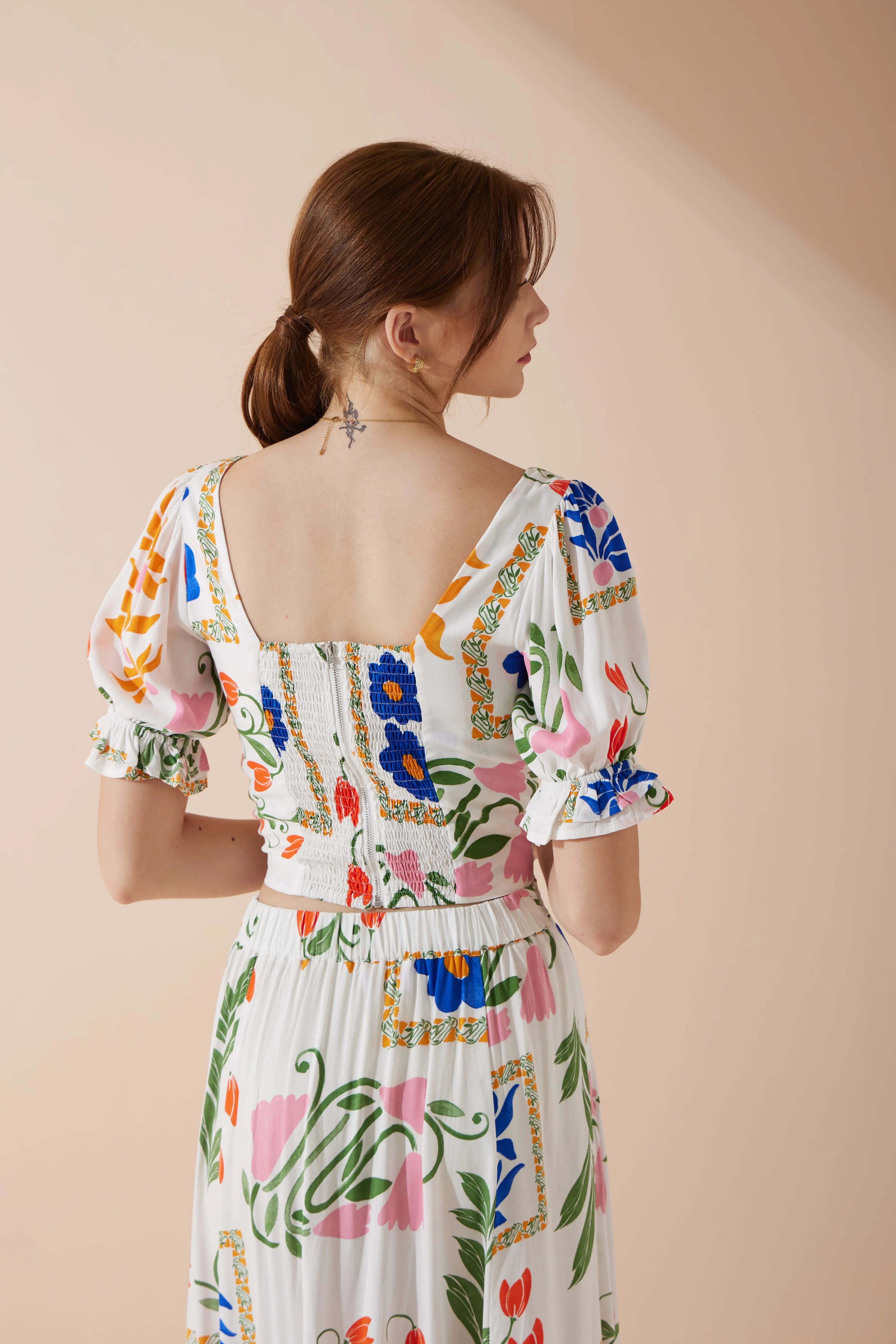 Calantha Multicolour Floral Puff Sleeve Crop Top