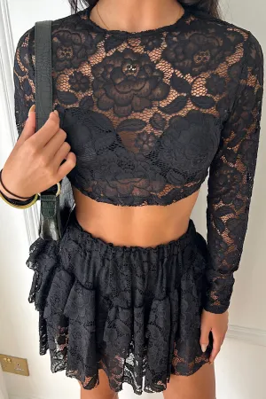 Carmen Black Floral Lace Top & Skirt Co-ord