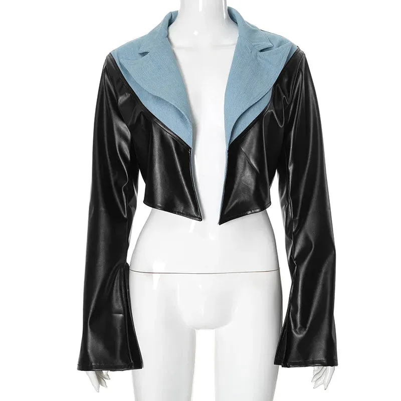Cassey Pu Patchwork Lapel Long Sleeve Crop Jackets