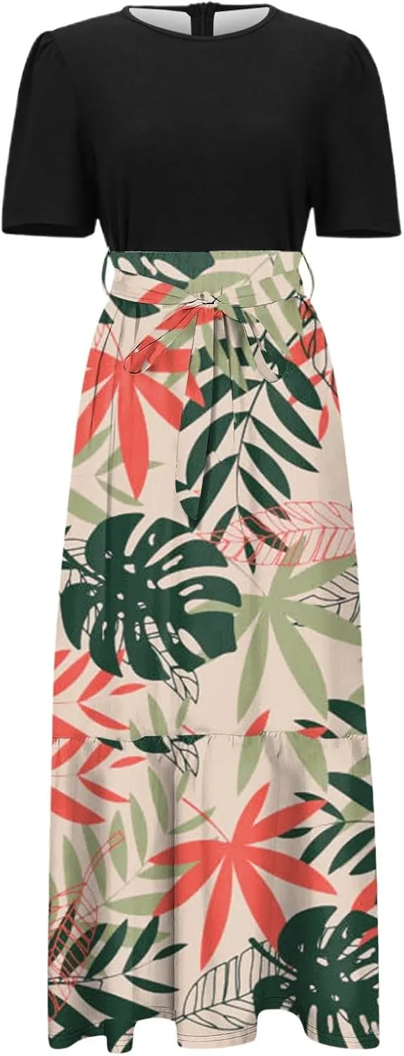 Casual Maxi Dresses for Women 2025 Tie Belted Patchwork Ruffle Hem A Line Boho Dress Short Sleeve Flowy Long Dress