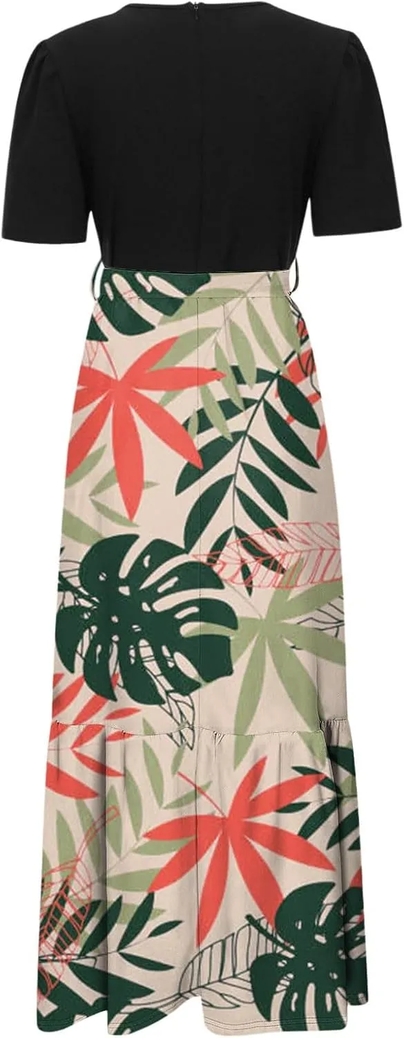 Casual Maxi Dresses for Women 2025 Tie Belted Patchwork Ruffle Hem A Line Boho Dress Short Sleeve Flowy Long Dress