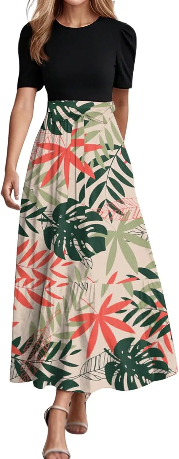 Casual Maxi Dresses for Women 2025 Tie Belted Patchwork Ruffle Hem A Line Boho Dress Short Sleeve Flowy Long Dress