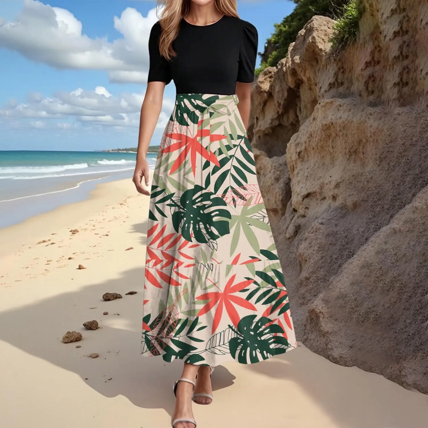 Casual Maxi Dresses for Women 2025 Tie Belted Patchwork Ruffle Hem A Line Boho Dress Short Sleeve Flowy Long Dress