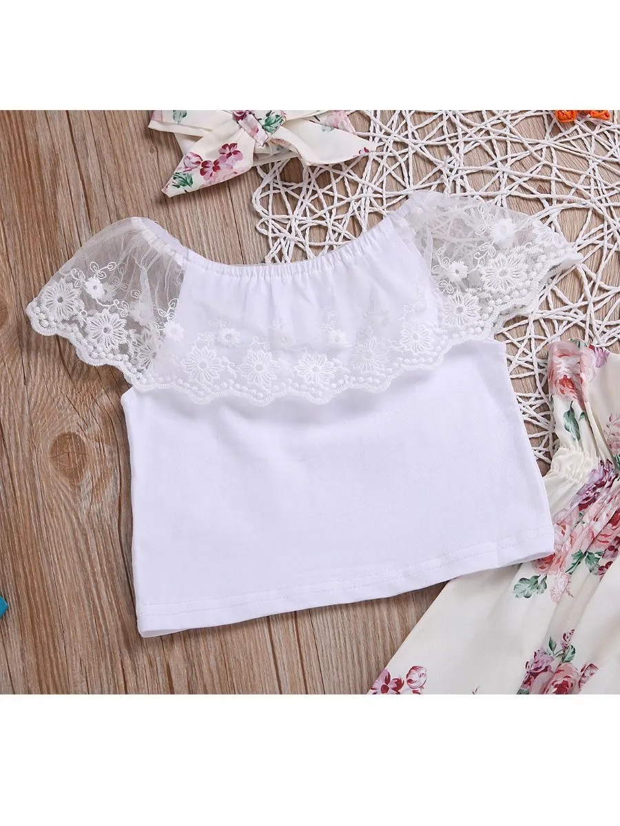 Casual Outing Clothes Outfits Set Flower Lace Collar White T-shirt  Floral High-waisted Trousers Headband
