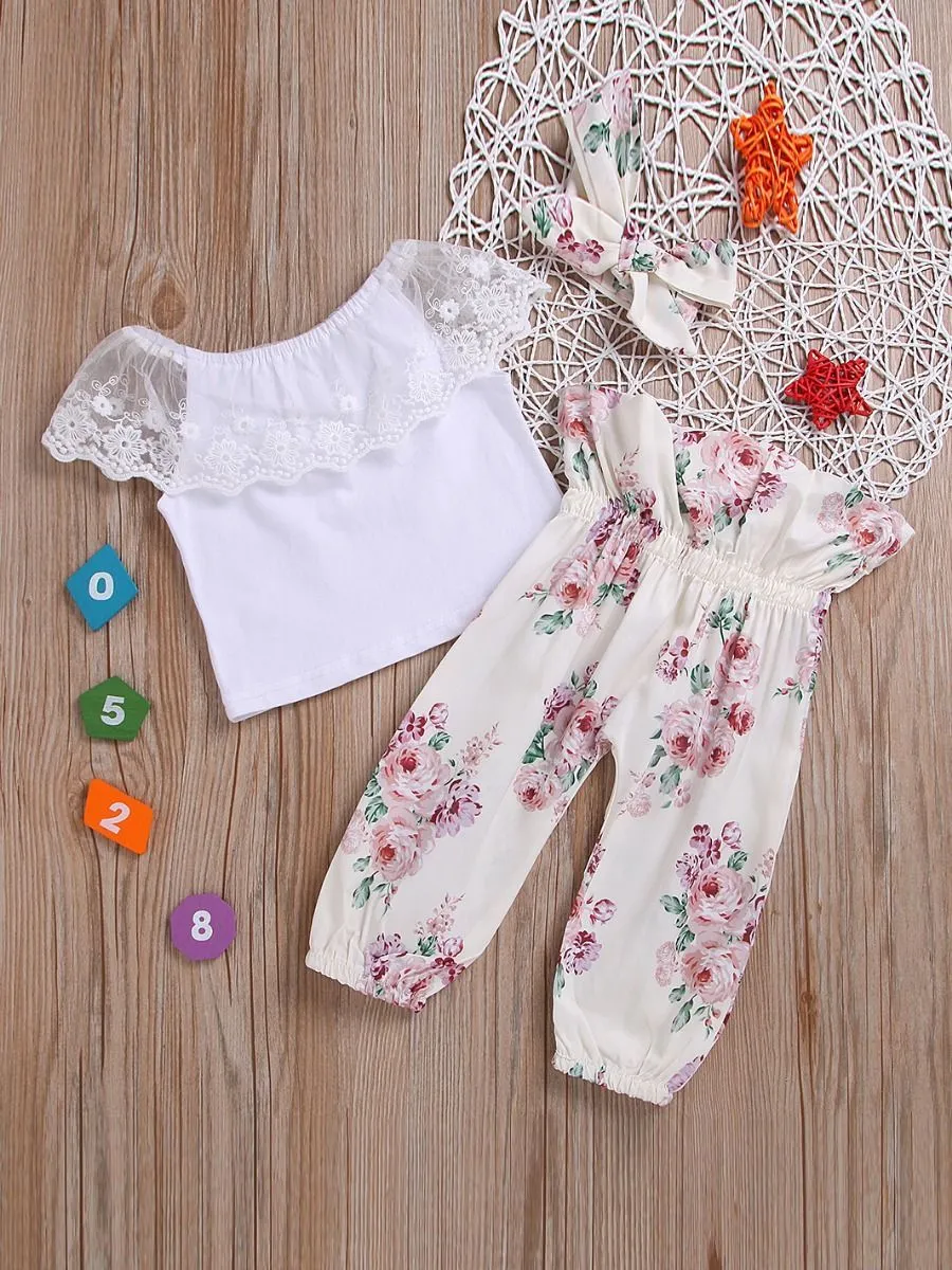 Casual Outing Clothes Outfits Set Flower Lace Collar White T-shirt  Floral High-waisted Trousers Headband