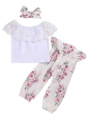 Casual Outing Clothes Outfits Set Flower Lace Collar White T-shirt  Floral High-waisted Trousers Headband