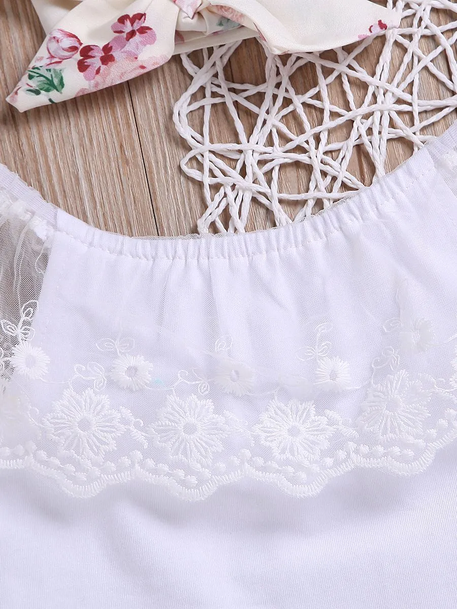 Casual Outing Clothes Outfits Set Flower Lace Collar White T-shirt  Floral High-waisted Trousers Headband