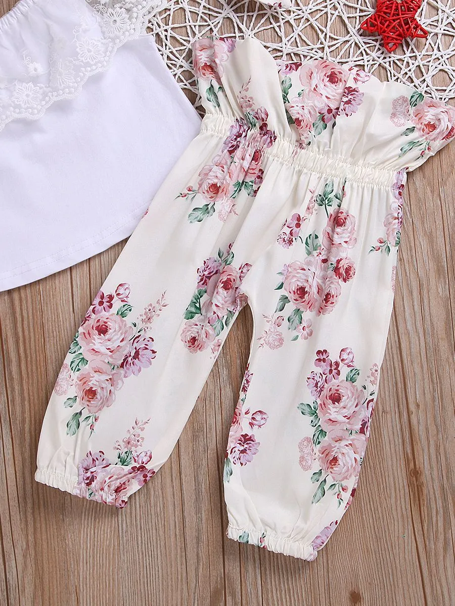 Casual Outing Clothes Outfits Set Flower Lace Collar White T-shirt  Floral High-waisted Trousers Headband