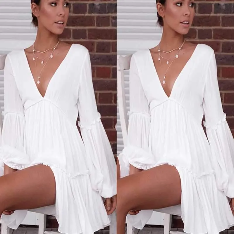 Casual Ruffle Trimmed Long Puff Sleeve V Cut Out Back V Neck Dress
