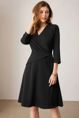 Casual V Neck Pleated 3/4 Sleeve Midi Dress
