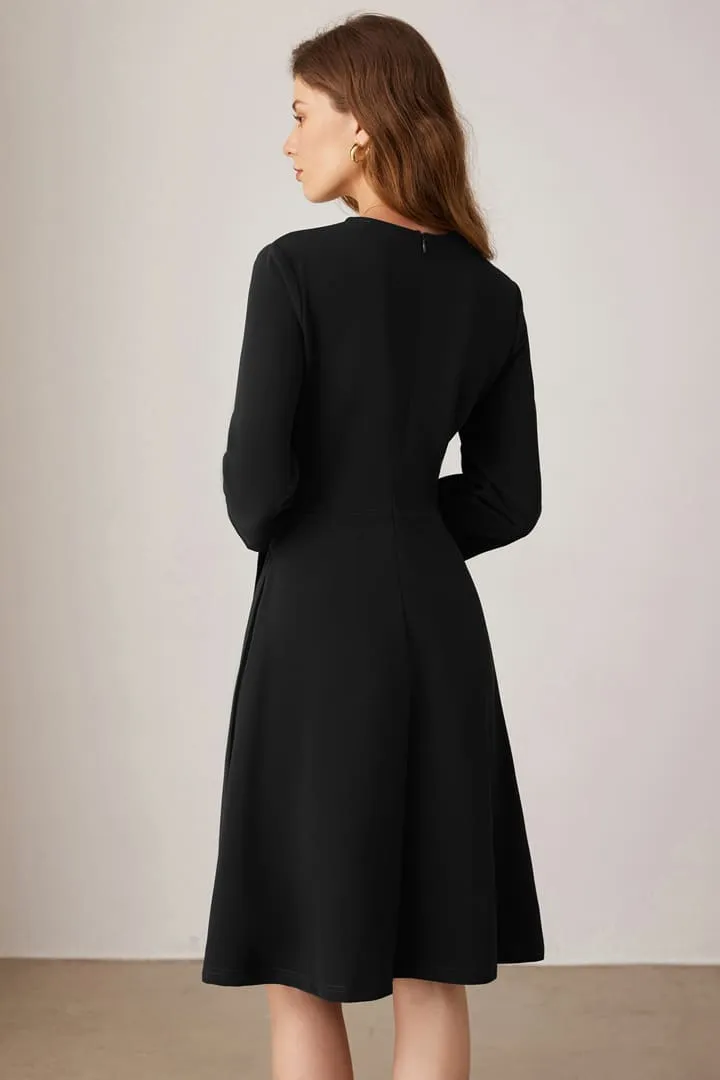 Casual V Neck Pleated 3/4 Sleeve Midi Dress