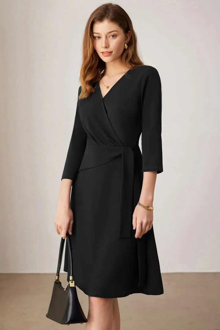 Casual V Neck Pleated 3/4 Sleeve Midi Dress