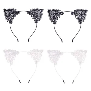 Cat Ears Headband Lace Cat Hairband Flower Christmas Hair Bands Women Girls Kids Hair Hoop Kitten Headdress Headwear Headpiece Party Decoration Cosplay Costume Cute Handmade Hair Accessories 4 Pack