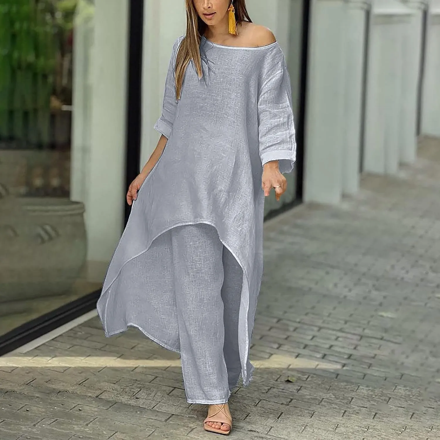 Ceboyel Summer Boho Dresses for Women 2023 Cotton Linen Dress One Shoulder Long Maxi Dresses Casual Beach Ladies Outfits