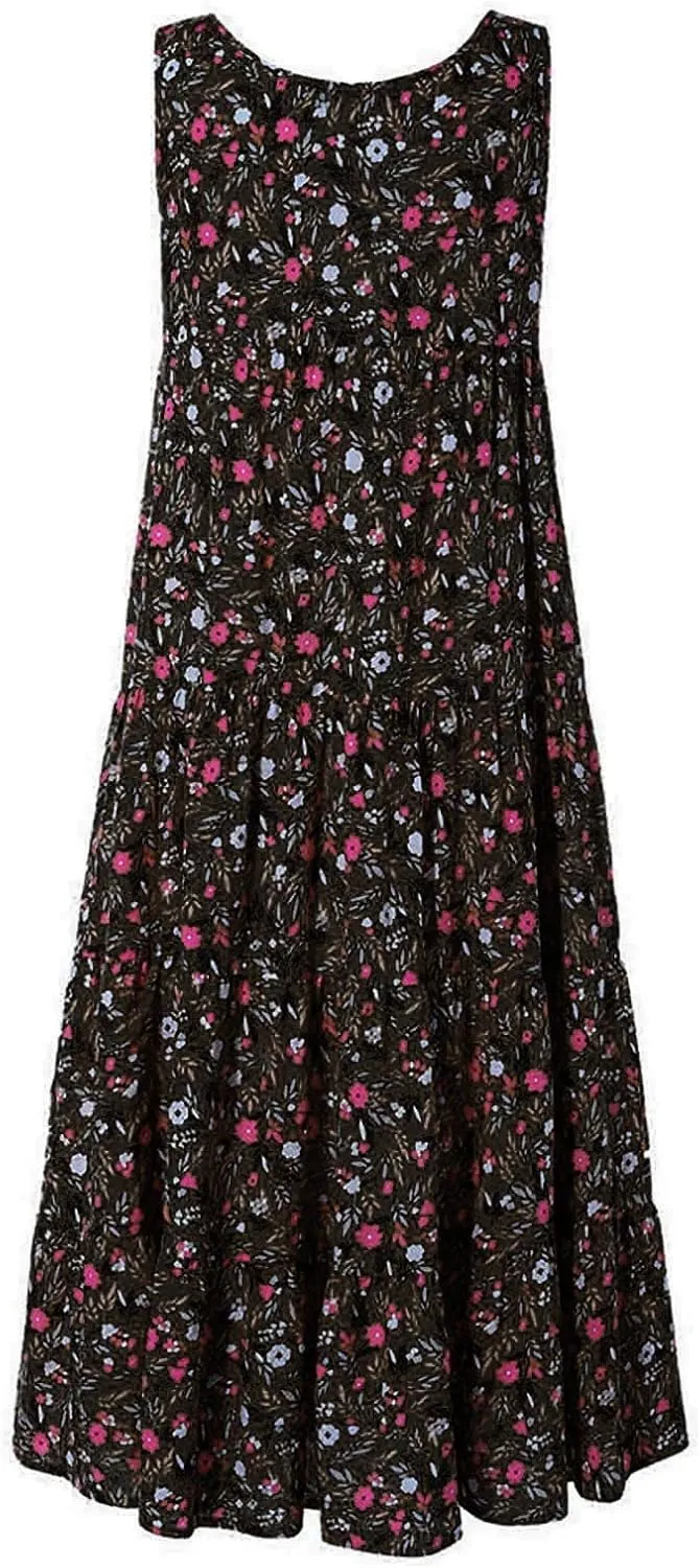 Ceboyel Women Boho Floral Maxi Dresses Flowy Tank Dress Sleeveless Smocked Sundresses Trendy Casual Beach Long Sun Dress