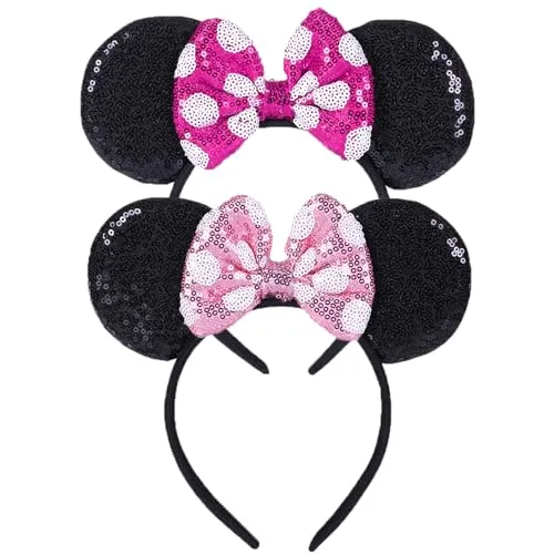 CENTSTAR 2 Pcs Mouse Ears Headbands,Shiny Bows Mouse Ears Headbands for Birthday Parties, Mouse Themed Events