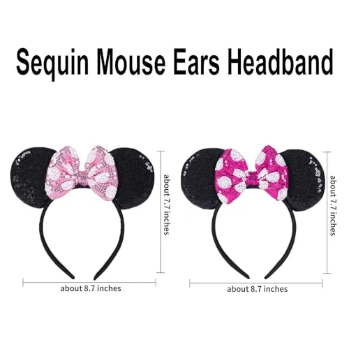 CENTSTAR 2 Pcs Mouse Ears Headbands,Shiny Bows Mouse Ears Headbands for Birthday Parties, Mouse Themed Events