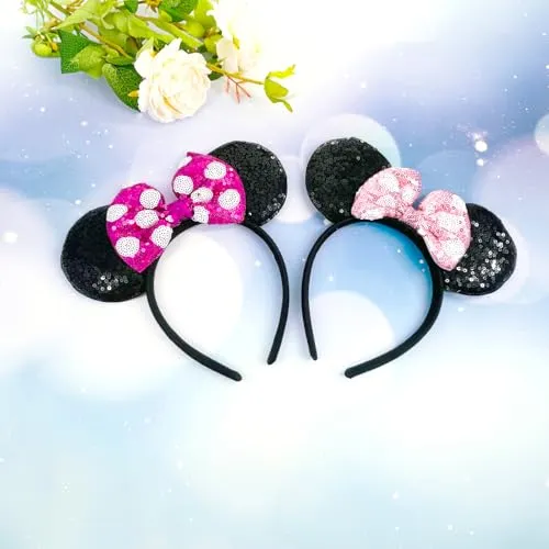 CENTSTAR 2 Pcs Mouse Ears Headbands,Shiny Bows Mouse Ears Headbands for Birthday Parties, Mouse Themed Events