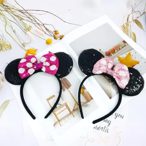 CENTSTAR 2 Pcs Mouse Ears Headbands,Shiny Bows Mouse Ears Headbands for Birthday Parties, Mouse Themed Events