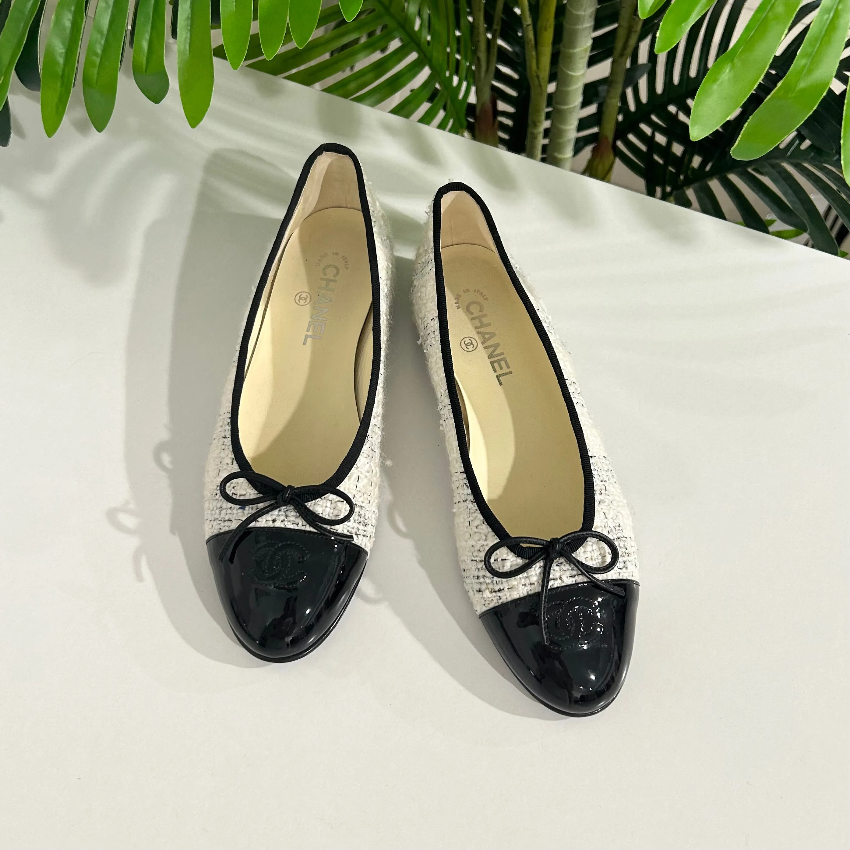 Chanel White Tweed Ballet Flats