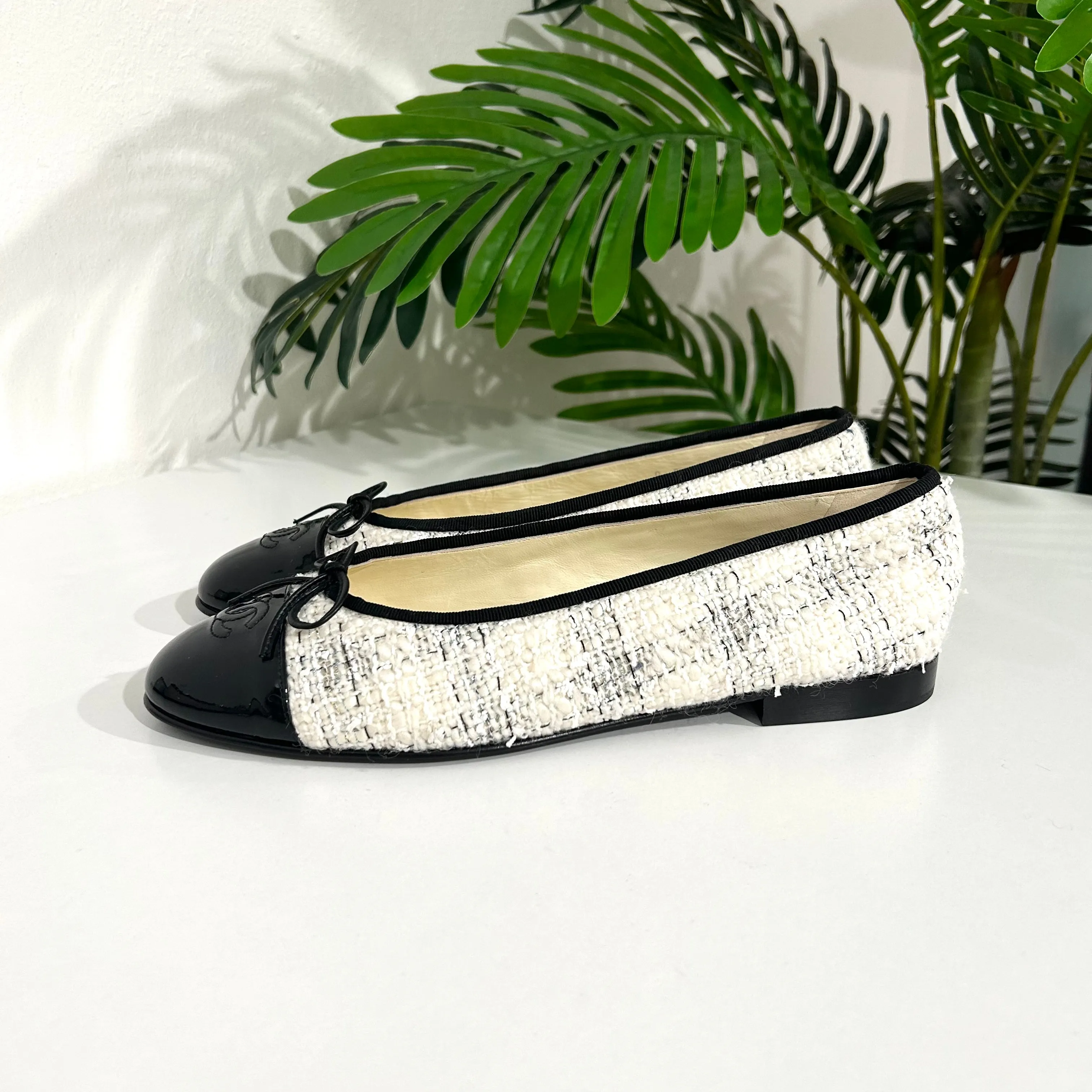 Chanel White Tweed Ballet Flats