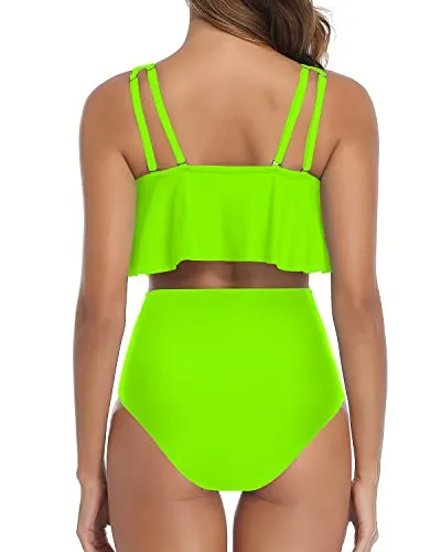 Charming And Confident Women Ruffled Flounce Bikini Swimsuit-Neon Green