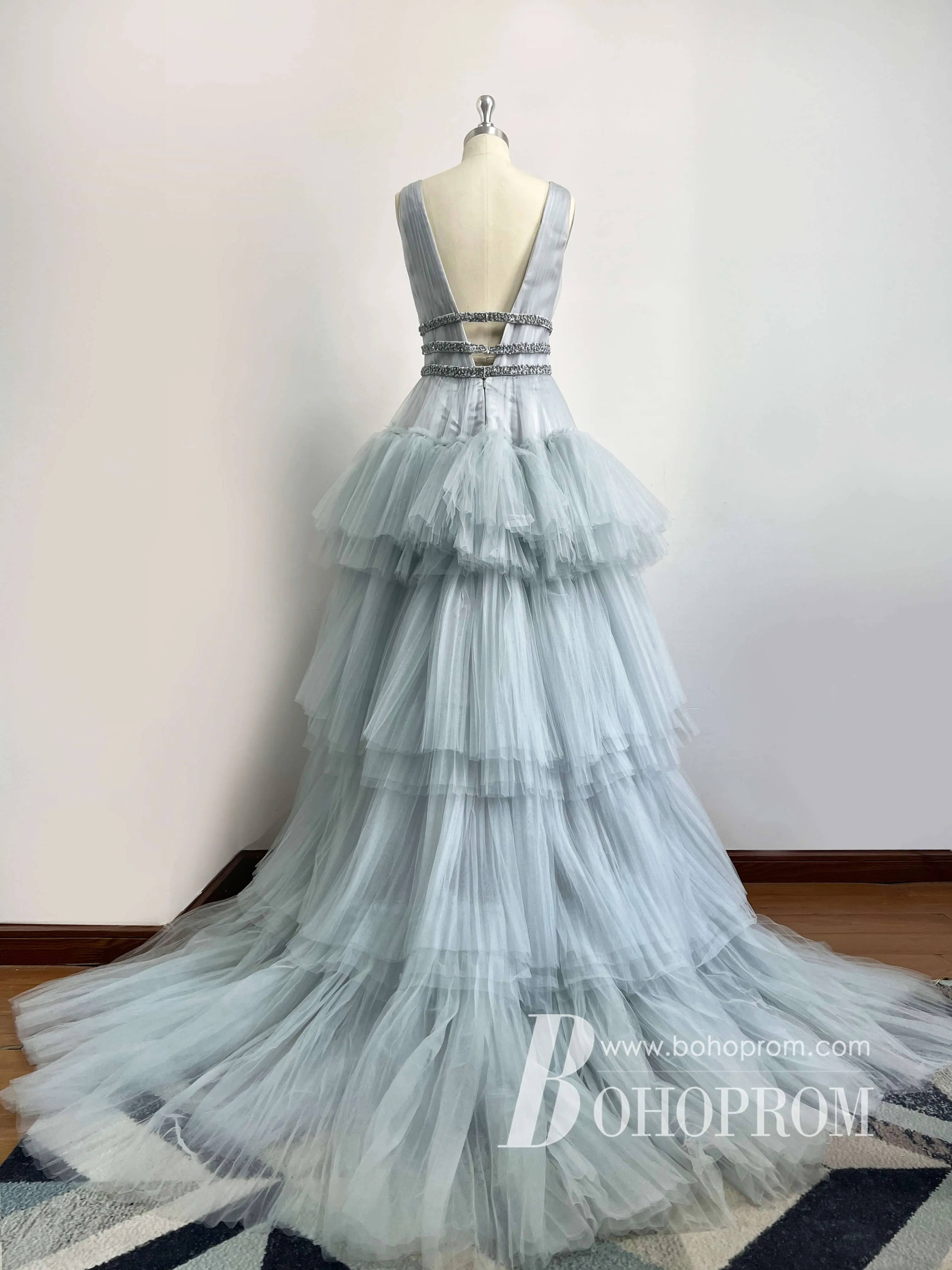 Charming V-neckline High-low Tiered Tulle Beaded A-line Prom Dress PD690