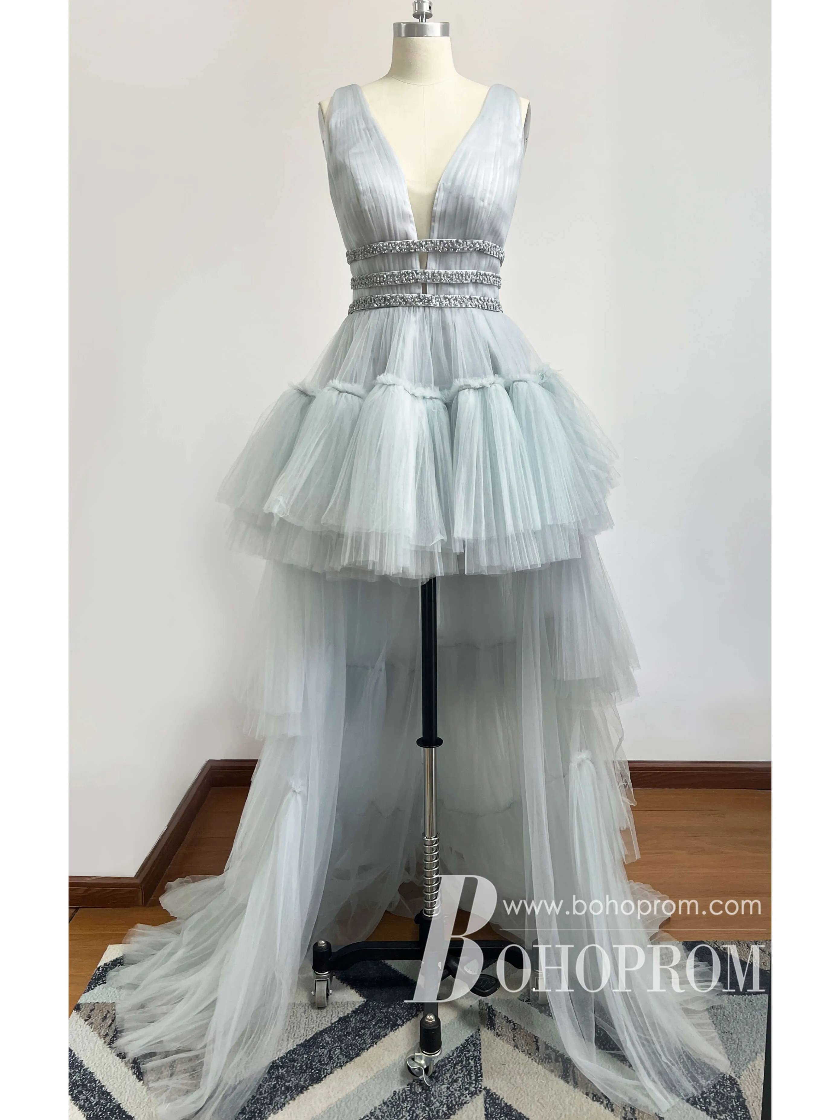 Charming V-neckline High-low Tiered Tulle Beaded A-line Prom Dress PD690
