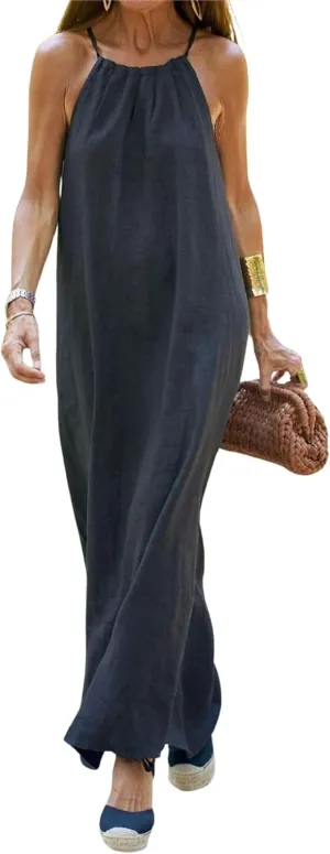 CHARTOU Women Halter Neck Side Slit Linen Maxi Dress Long Summer Beach Vacation Dress