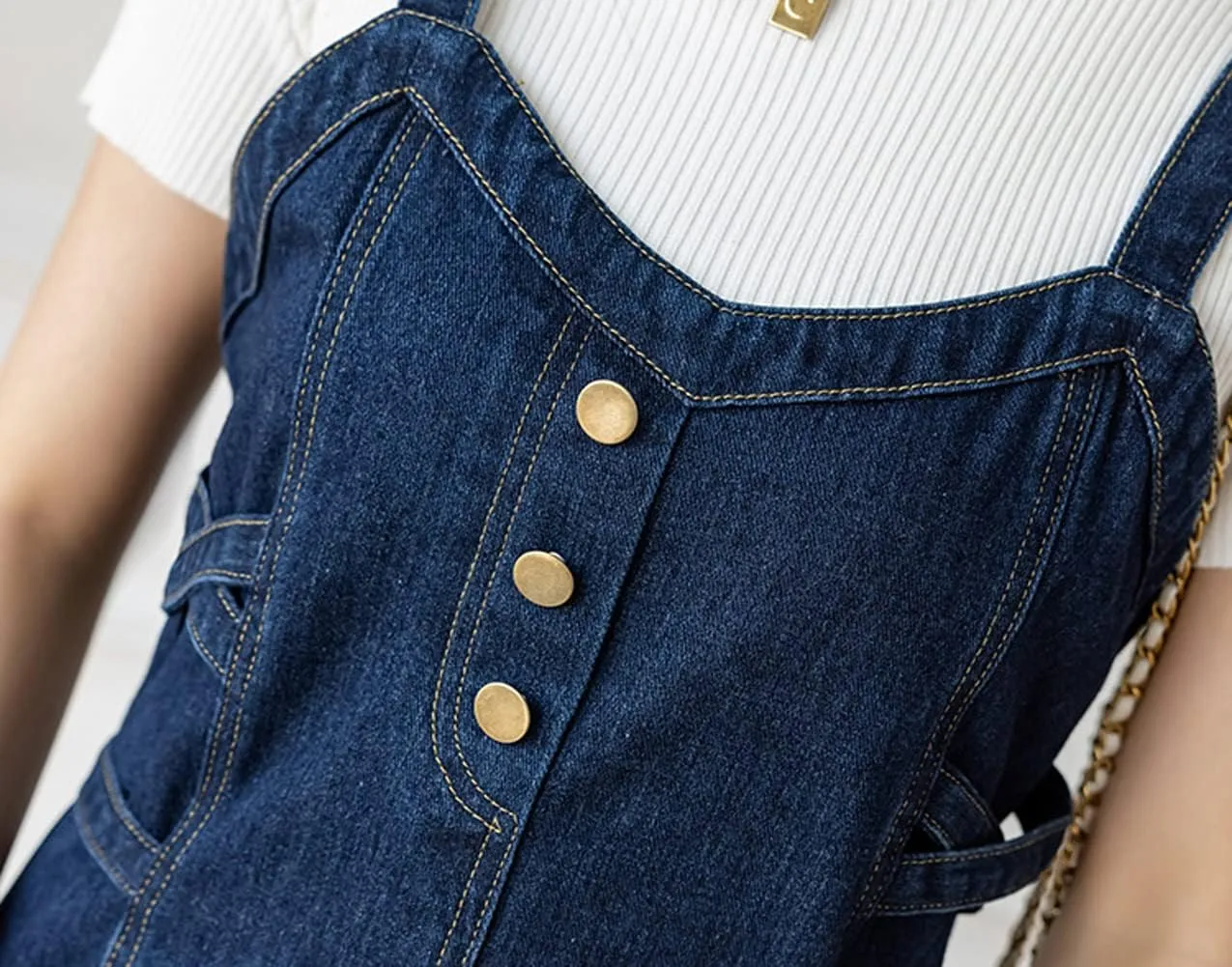 CHARTOU Women's Elegant Straps Back Smocked A-Line Long Skirt Denim Overall Pinafore Dress