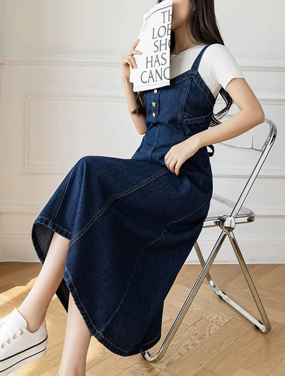 CHARTOU Women's Elegant Straps Back Smocked A-Line Long Skirt Denim Overall Pinafore Dress