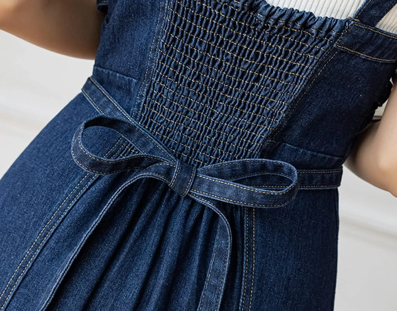 CHARTOU Women's Elegant Straps Back Smocked A-Line Long Skirt Denim Overall Pinafore Dress