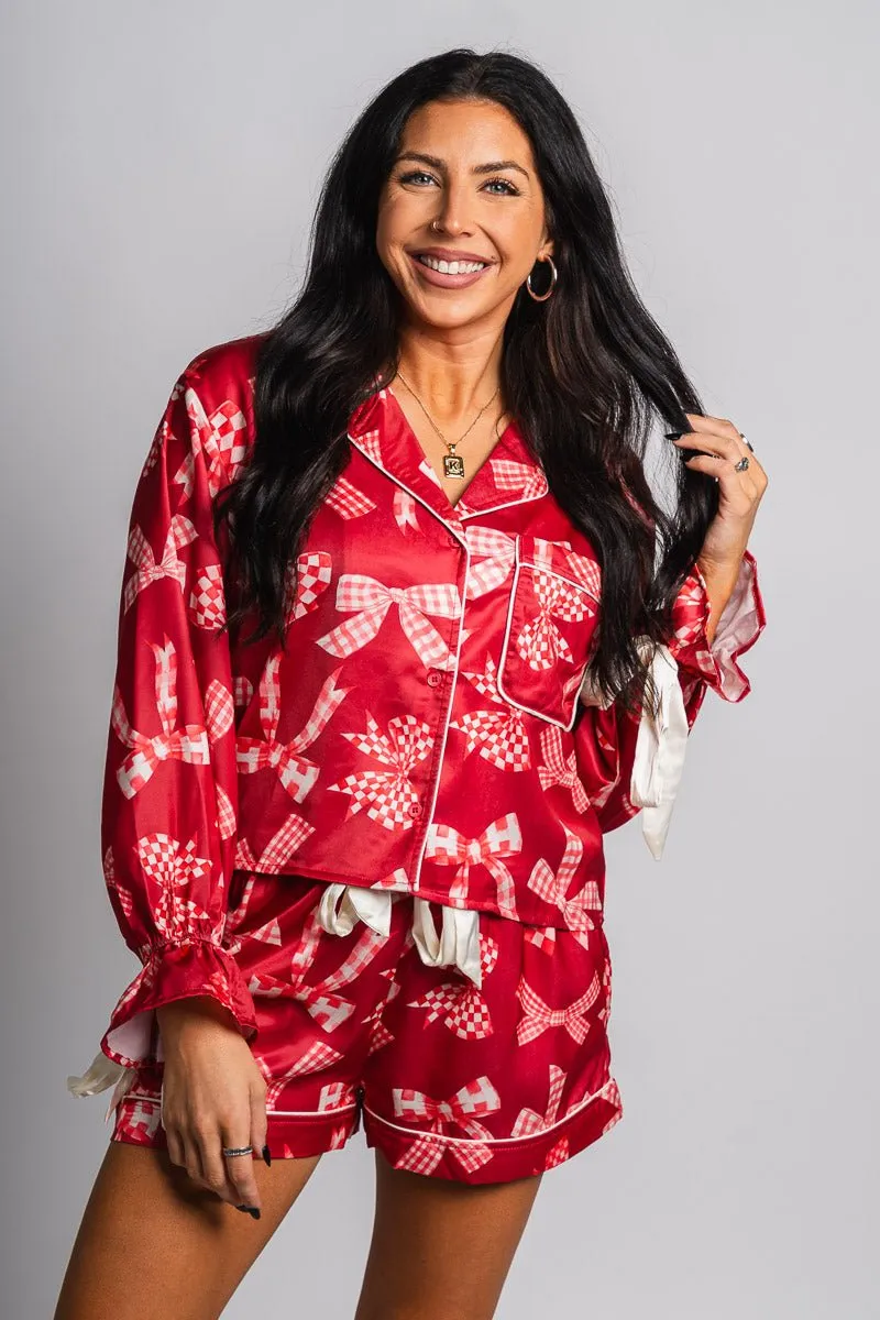 Checkered bow satin top red