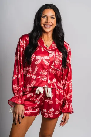 Checkered bow satin top red