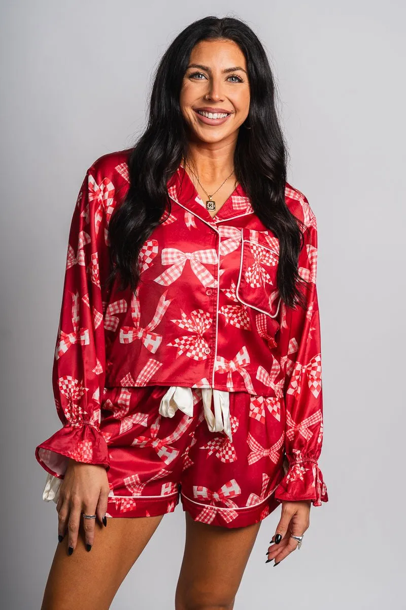 Checkered bow satin top red
