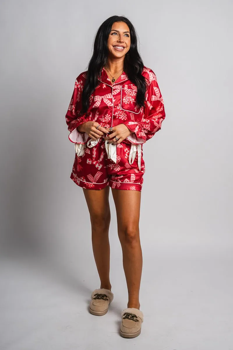 Checkered bow satin top red