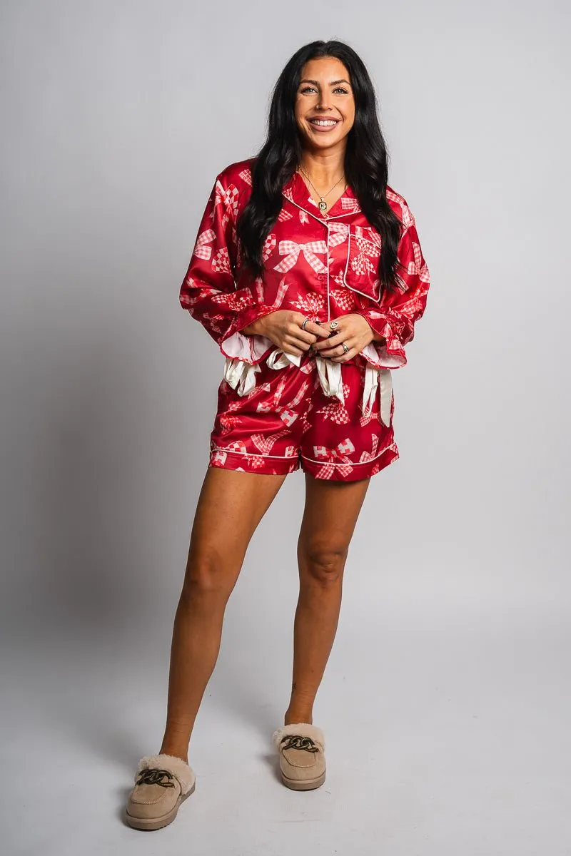 Checkered bow satin top red