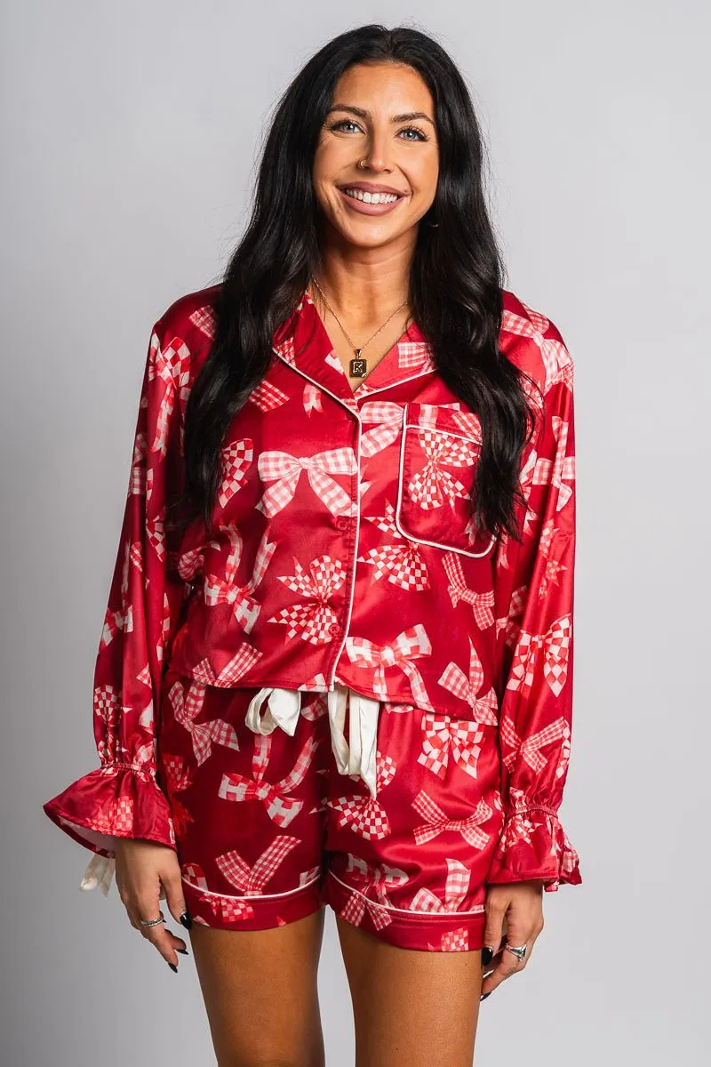 Checkered bow satin top red