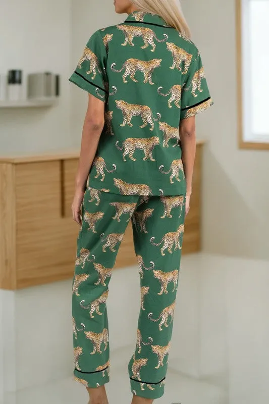 Cheetah Satin Pajamas Set
