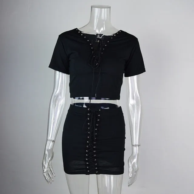 Chic 2 piece lace up style 2 piece crop top skirt set