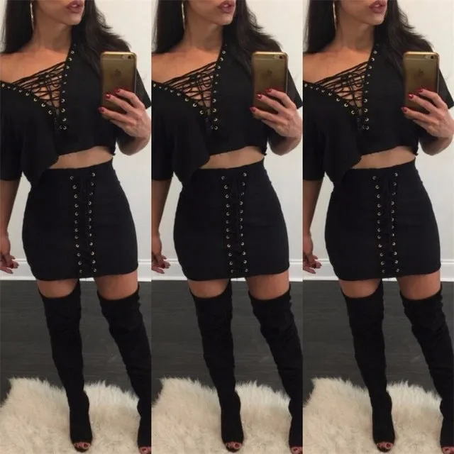 Chic 2 piece lace up style 2 piece crop top skirt set