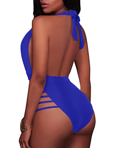 Chic And Fashionable Plunge Deep V Neck One Piece Swimsuits-Royal Blue