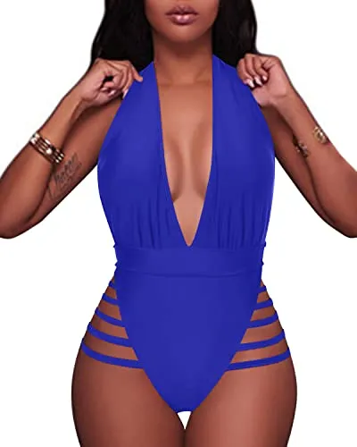Chic And Fashionable Plunge Deep V Neck One Piece Swimsuits-Royal Blue